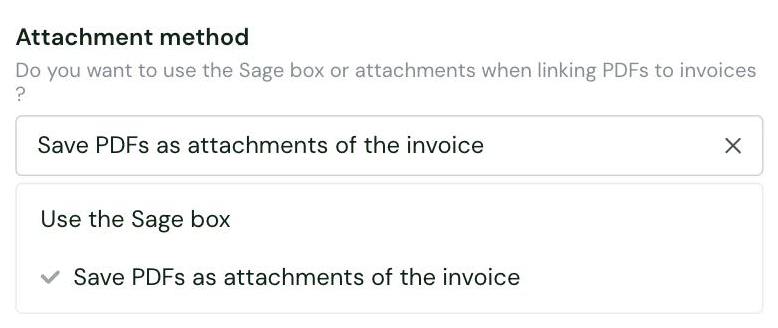 The Attachment method setting in the Chift connector settings, with its options Use the Sage box and Save PDFs as attachments of the invoice