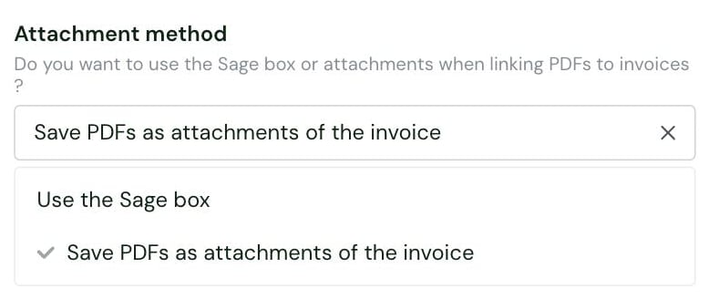 The Attachment method setting in the Chift connector settings, with its options Use the Sage box and Save PDFs as attachments of the invoice