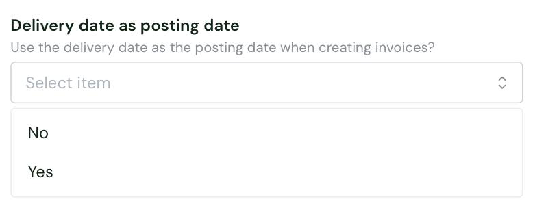 The Delivery date as posting date setting in the Chift connector settings, with its options No and Yes