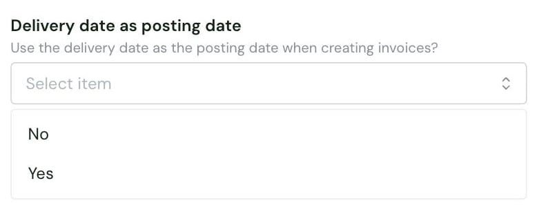 The Delivery date as posting date setting in the Chift connector settings, with its options No and Yes