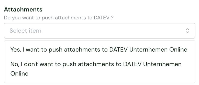 The Attachments setting in the Chift connector settings, with its Yes and No options for pushing attachments to DATEV Unternehmen Online