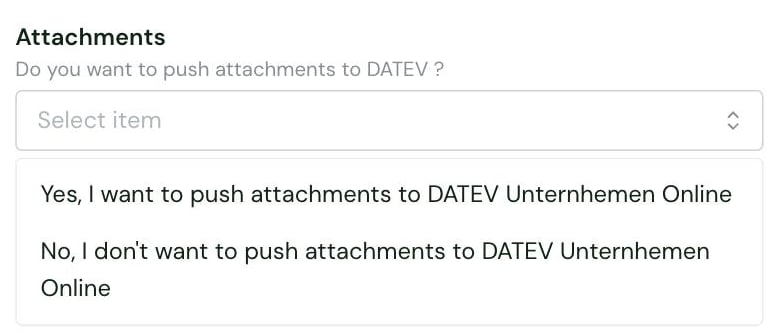 The Attachments setting in the Chift connector settings, with its Yes and No options for pushing attachments to DATEV Unternehmen Online