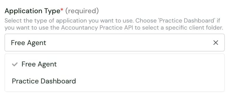 The Application Type setting in the Chift connector settings, with its options Free Agent and Practice Dashboard