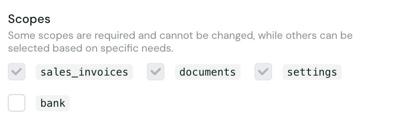 The Scopes setting in the Chift Moneybird connector settings, with the required scopes sales_invoices, documents and settings, and the optional bank scope