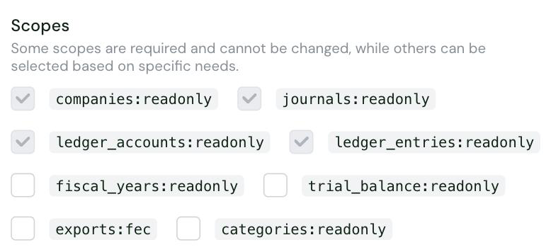The Scopes setting in the Chift Pennylane Firm connector settings, with the four required read-only scopes and the optional scopes fiscal_years, trial_balance, exports:fec and categories