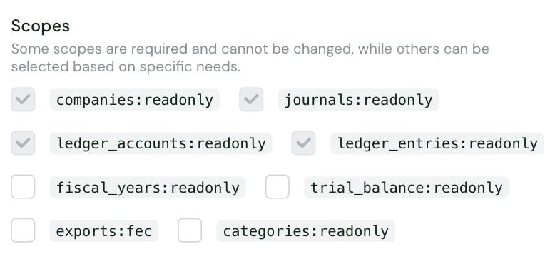 The Scopes setting in the Chift Pennylane Firm connector settings, with the four required read-only scopes and the optional scopes fiscal_years, trial_balance, exports:fec and categories