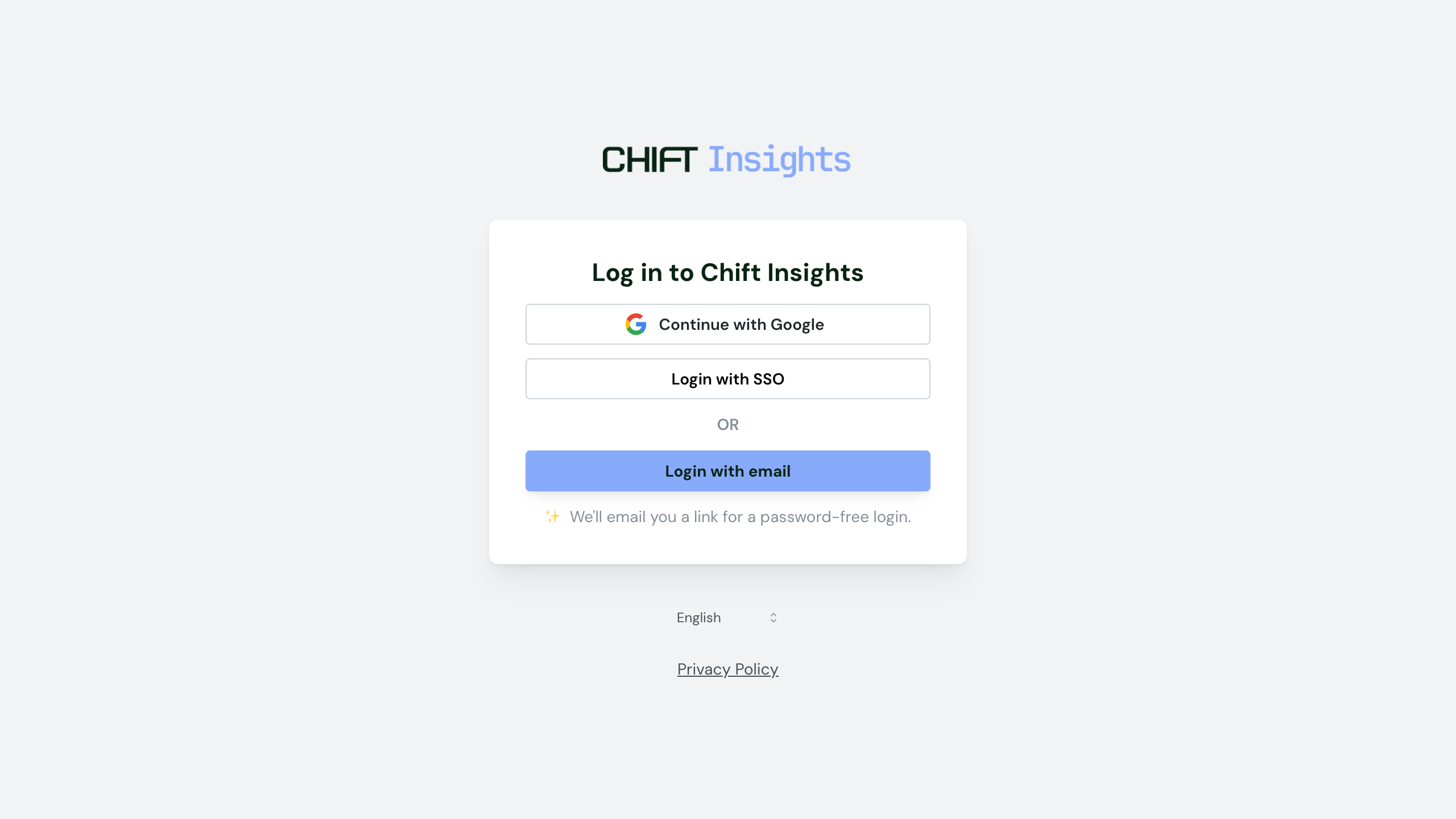 The Chift page an assistant opens on first connection, headed Log in to Chift Insights, offering Google, SSO or email