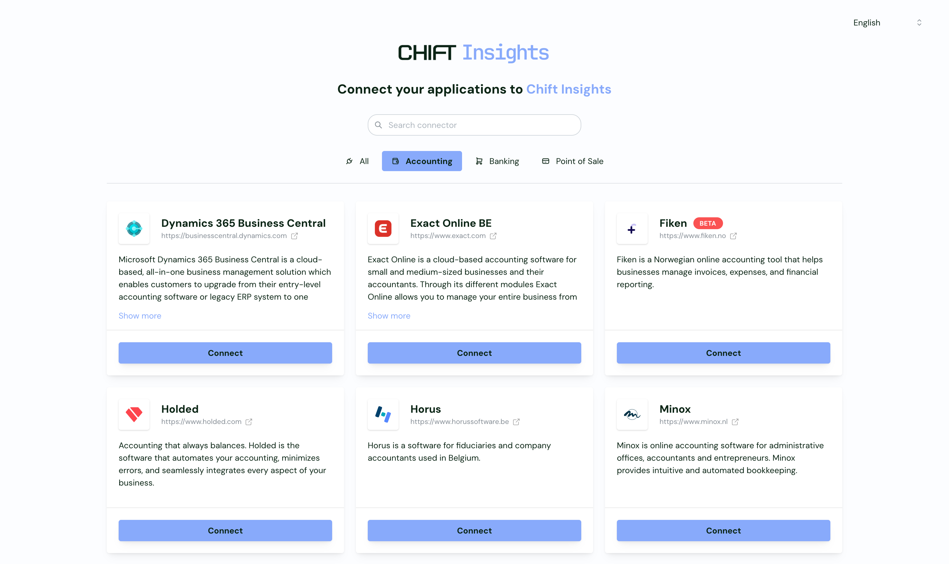 The Chift Insights connector catalogue on the Accounting tab, listing Dynamics 365 Business Central, Exact Online and other accounting packages, each with a Connect button