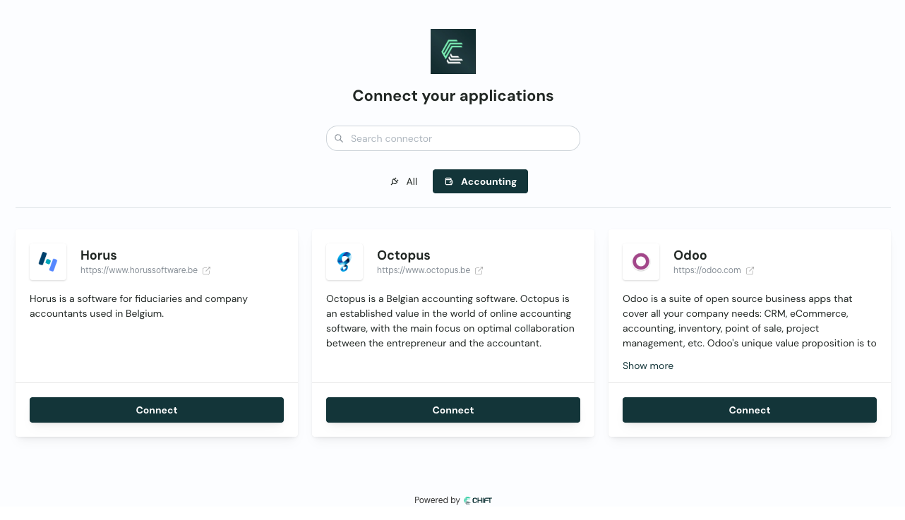 Connector picker on the Chift-hosted page