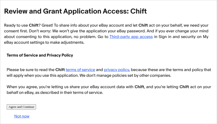 The eBay Review and Grant Application Access page, with its Agree and Continue button
