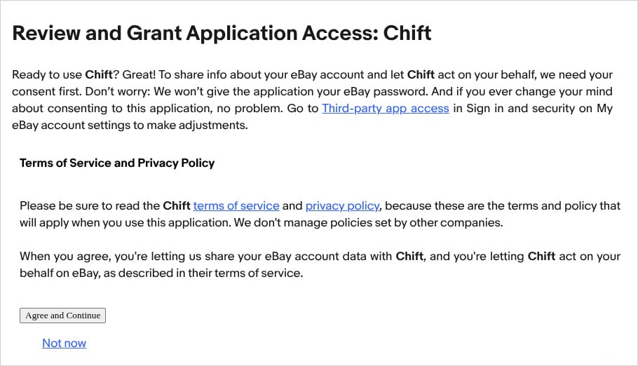 The eBay Review and Grant Application Access page, with its Agree and Continue button