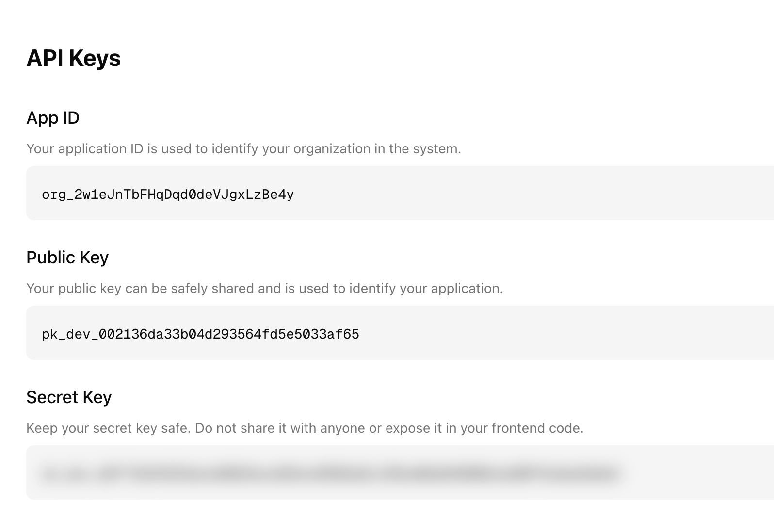 Example of API keys in the dashboard