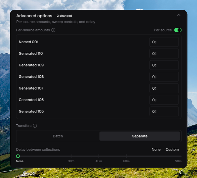 Collect Advanced options with Per source on, named and generated wallets at 0.1 each, Transfers set to Separate, and Delay between collections at None