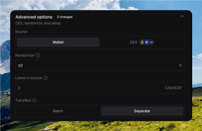 Distribute Advanced options with Wallet selected, Randomize at 10%, Leave in source at 0 CASHCAT, and Transfers set to Separate