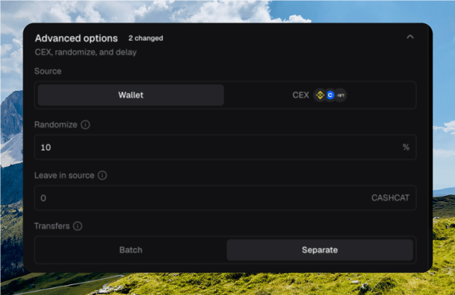 Distribute Advanced options with Wallet selected, Randomize at 10%, Leave in source at 0 CASHCAT, and Transfers set to Separate