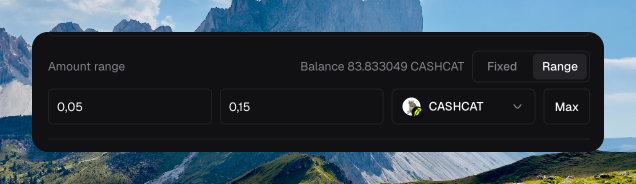 Distribute Amount range set to Range, 0.05 to 0.15 CASHCAT, with Balance 83.833049 CASHCAT and a Max button