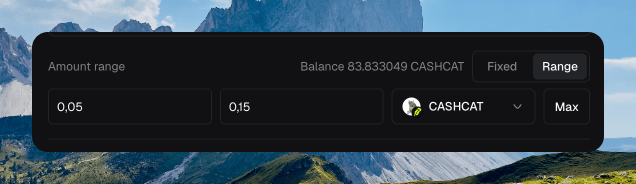 Distribute Amount range set to Range, 0.05 to 0.15 CASHCAT, with Balance 83.833049 CASHCAT and a Max button