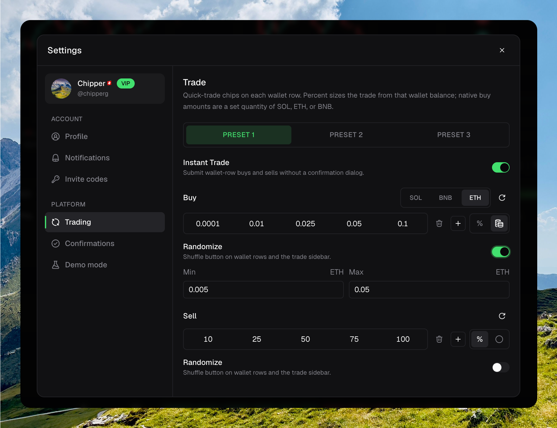 Settings Trading page on Preset 1 with Instant Trade on, ETH buy chips, Randomize on with min 0.005 and max 0.05, and percent sell chips with Randomize off