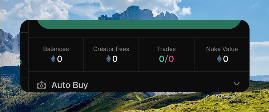 Token trade sidebar totals showing Balances 0, Creator Fees 0, Trades 0/0, and Nuke Value 0, with Auto Buy below