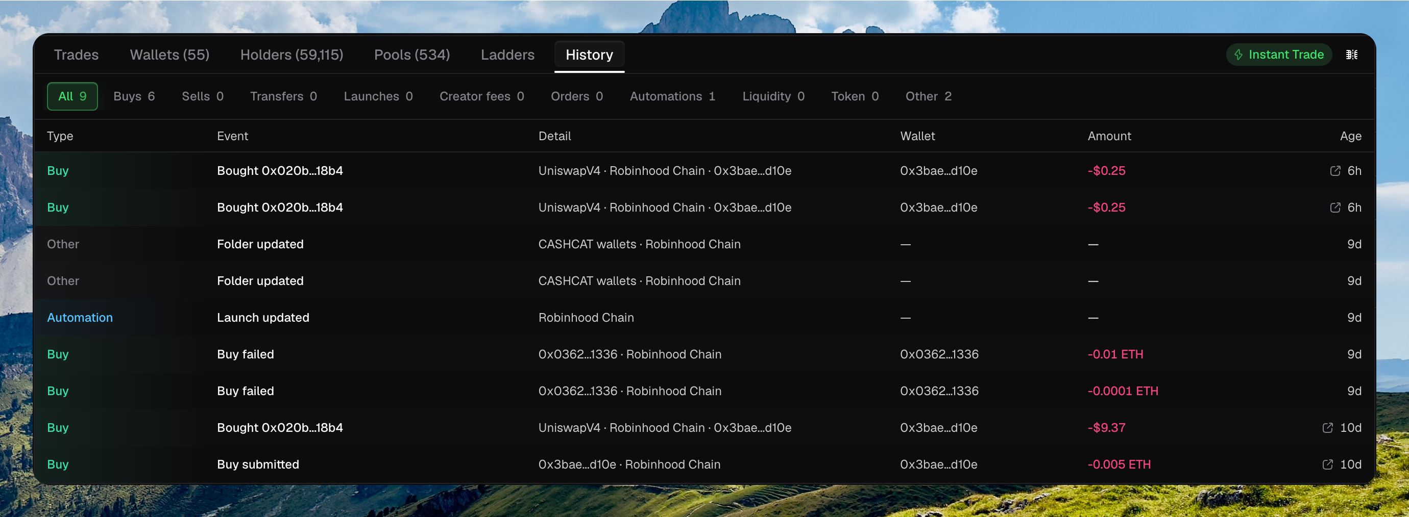 History tab with All selected, filter chips for Buys, Sells, Transfers, and more, and rows for Type, Event, Wallet, Amount, and Age