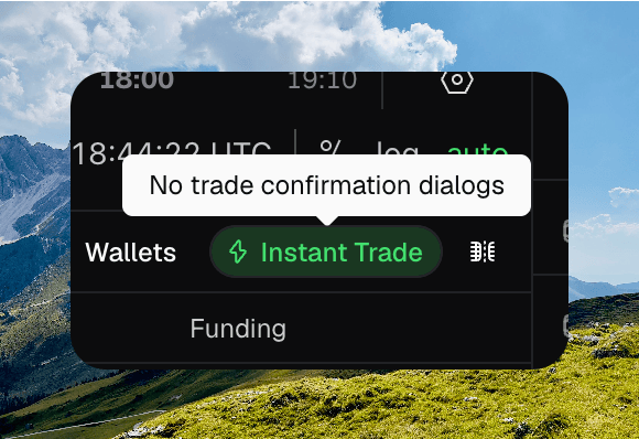 Wallets toolbar with Instant Trade on and a tooltip reading No trade confirmation dialogs
