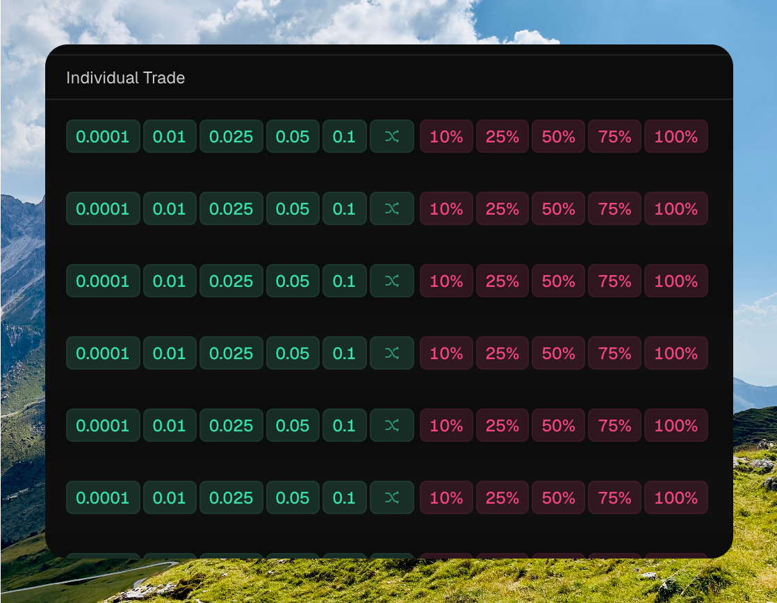 Individual Trade column with green buy amount chips, a shuffle Randomize button, and red sell percent chips