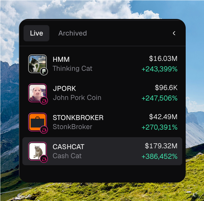 Expanded token switcher on Live, listing HMM, JPORK, STONKBROKER, and CASHCAT with market cap and 24h change