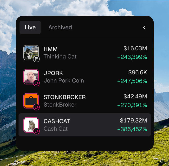 Expanded token switcher on Live, listing HMM, JPORK, STONKBROKER, and CASHCAT with market cap and 24h change