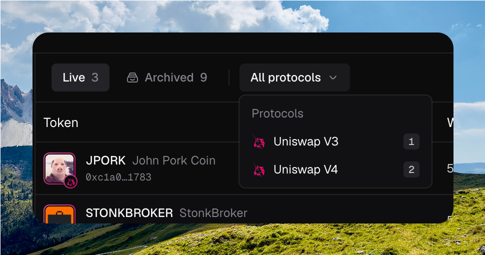 Tokens toolbar with Live selected, Archived, All protocols open showing Uniswap V4 and Uniswap V3, Search, and Create token