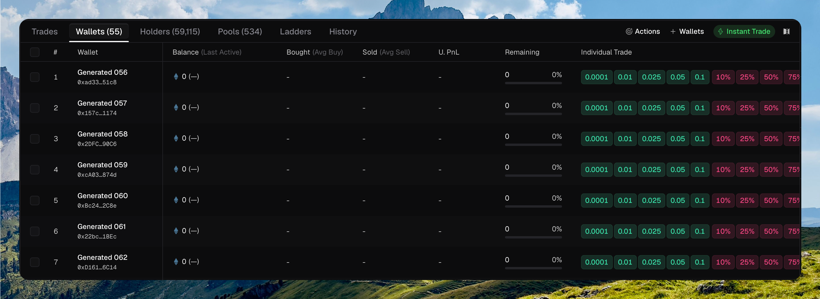 Wallets tab with attached wallets, Instant Trade on, and Individual Trade buy and sell chips