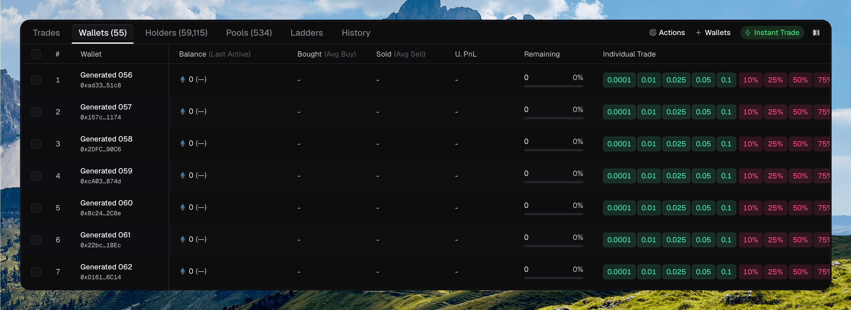 Wallets tab with attached wallets, Instant Trade on, and Individual Trade buy and sell chips