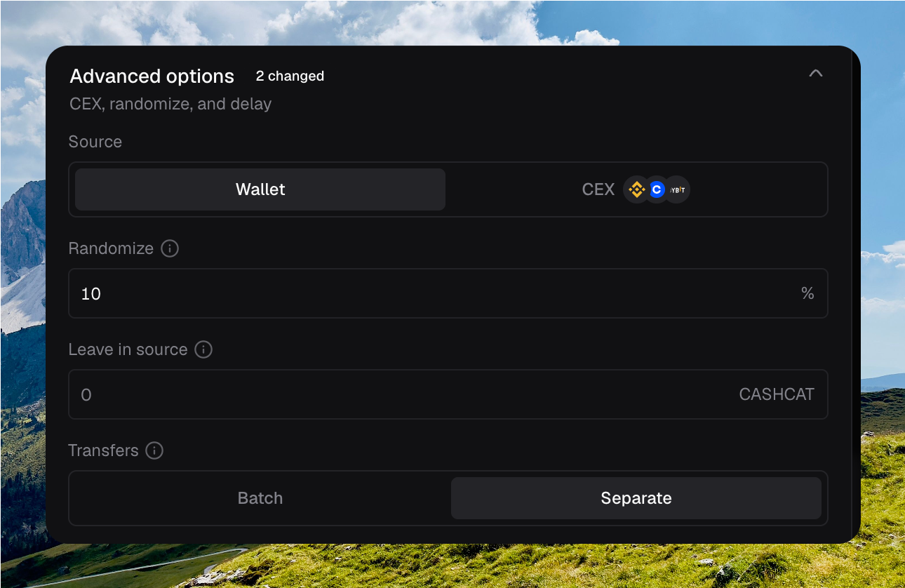 Distribute Advanced options with Wallet selected, Randomize at 10%, Leave in source at 0 CASHCAT, and Transfers set to Separate