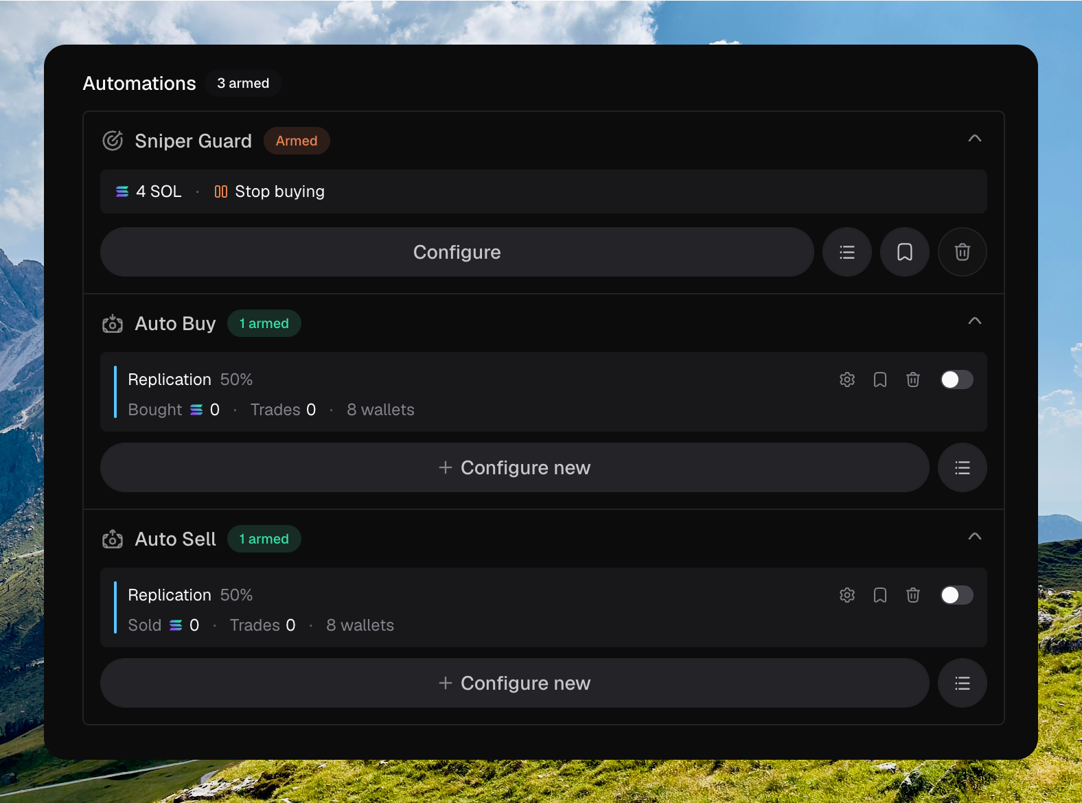 Launch Automations step with Sniper Guard expanded, Setup badge, 4 SOL Stop buying summary, and Configure