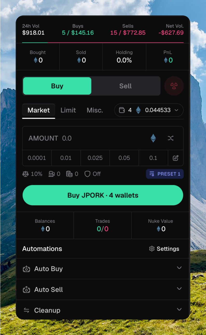 Trade sidebar on JPORK with Buy and Market selected, amount chips, Preset 1, Buy JPORK across 4 wallets, and Auto Buy, Auto Sell, and Cleanup below