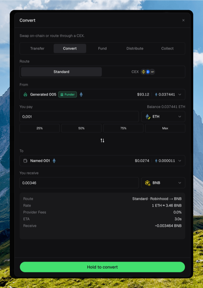 Convert dialog on the Standard route, converting ETH to BNB with wallets, amounts, and a Hold to convert button