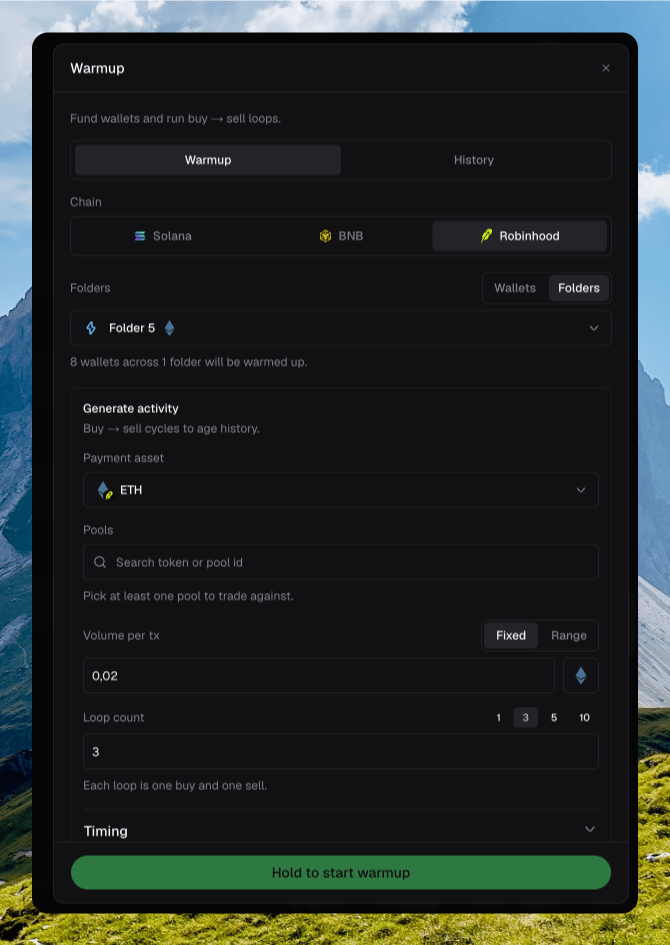 Warmup dialog on Robinhood with Folder 5 selected, ETH payment asset, volume, and loop count