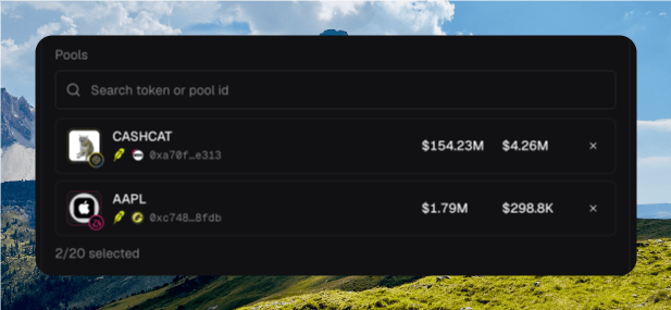 Warmup pools picker showing CASHCAT and AAPL selected, with 2 of 20 selected