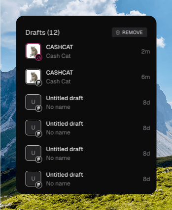 Launch sidebar titled Drafts (12) with CASHCAT and Untitled draft rows, and a REMOVE button
