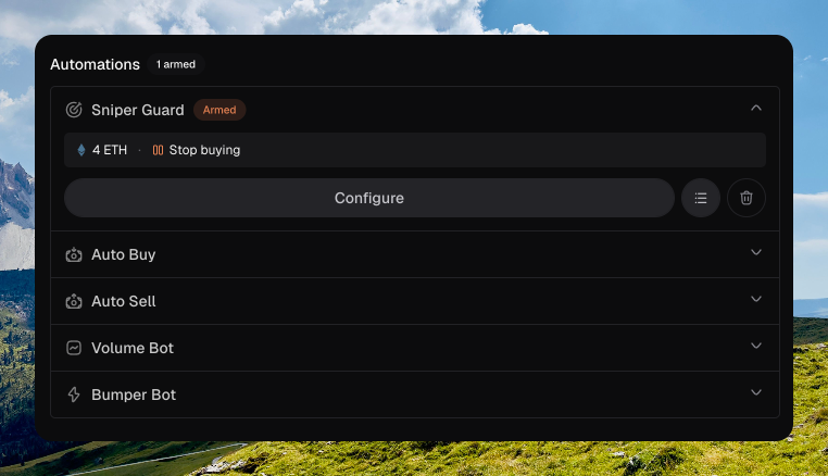Launch Automations step with Sniper Guard expanded, Armed badge, 4 ETH Stop buying summary, and Configure