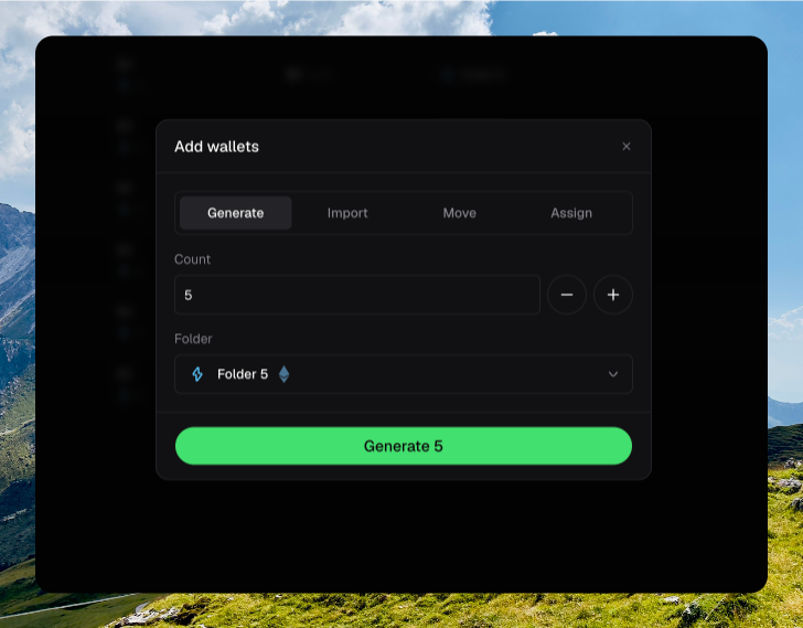 Add wallets dialog showing Generate, Import, Move, and Assign tabs with Move or Assign selected