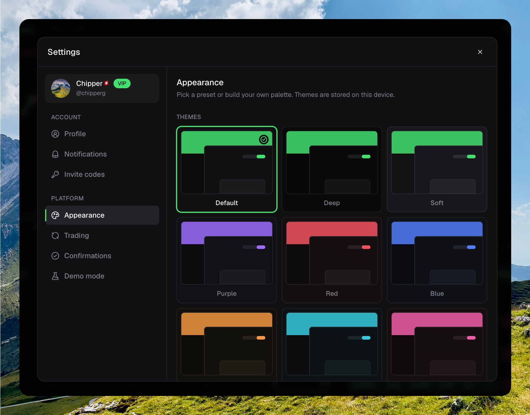 Appearance settings with Default, Deep, Soft, Purple, Red, Blue, Orange, Cyan, and Pink theme presets