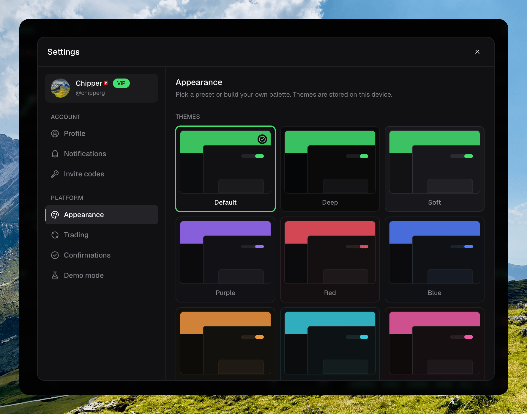 Appearance settings with Default, Deep, Soft, Purple, Red, Blue, Orange, Cyan, and Pink theme presets