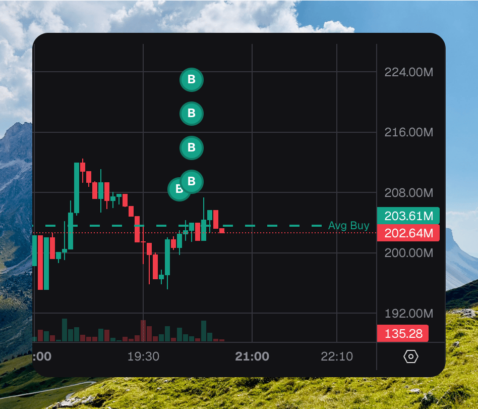 Token chart with green buy bubbles and a dashed green Avg Buy line at 203.61M on the market-cap scale