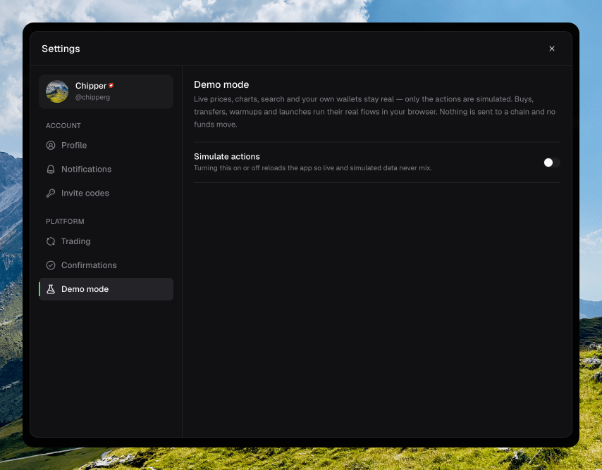 Settings Demo mode page: live prices stay real, only actions are simulated, and the Simulate actions toggle is off