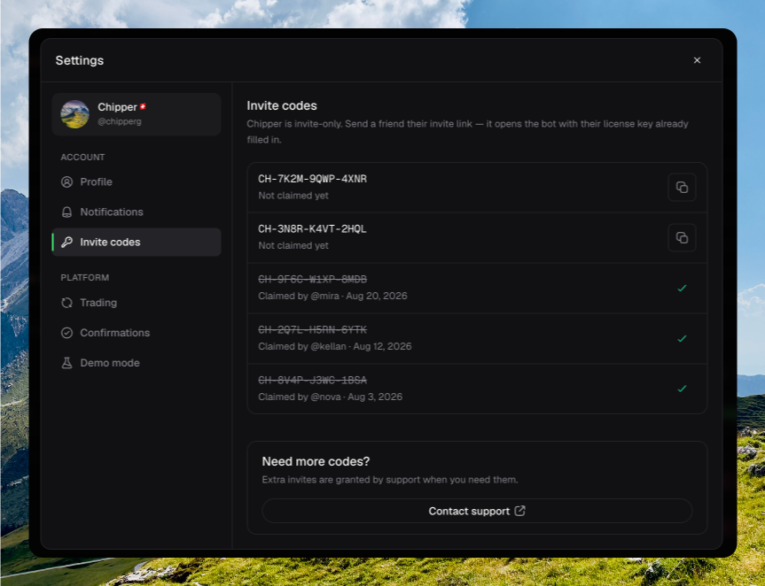 Invite codes settings with two Not claimed yet rows and three Claimed by rows, plus Contact support
