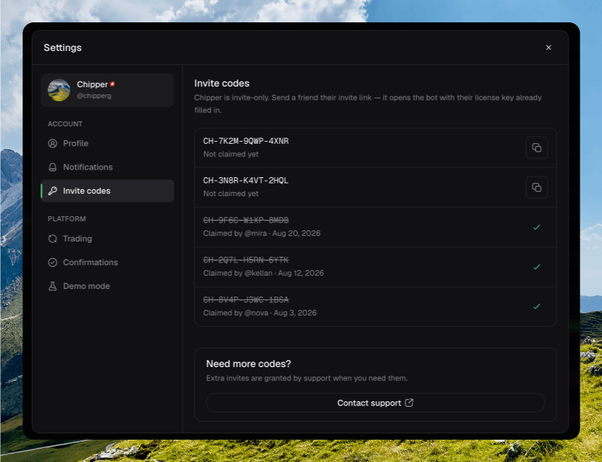 Invite codes settings with two Not claimed yet rows and three Claimed by rows, plus Contact support