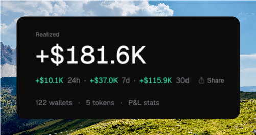 Realized hero showing +$181.6K lifetime, 24h / 7d / 30d deltas, Share, 122 wallets, 5 tokens, and P&L stats