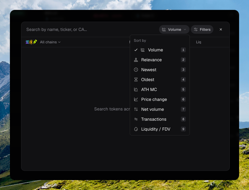 Search dialog with Sort by open, Volume selected, and options for Relevance, Newest, Oldest, ATH MC, Price change, Net volume, Transactions, and Liquidity / FDV