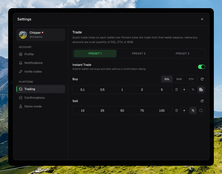 Settings Trading page on Preset 1 with Instant Trade on, SOL buy chips 0.1 to 5, and percent sell chips 10 to 100