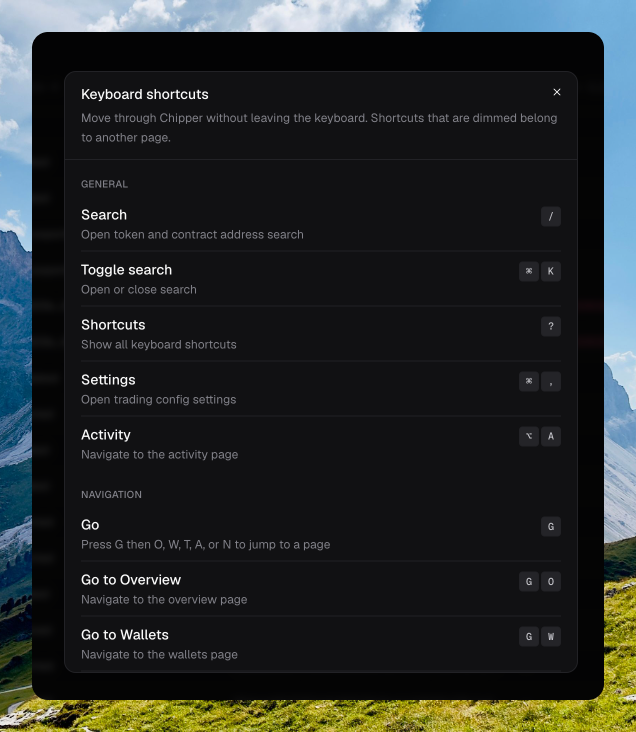 Keyboard shortcuts dialog showing General and Navigation, including Search, Toggle search, Settings, Activity, and Go then O or W